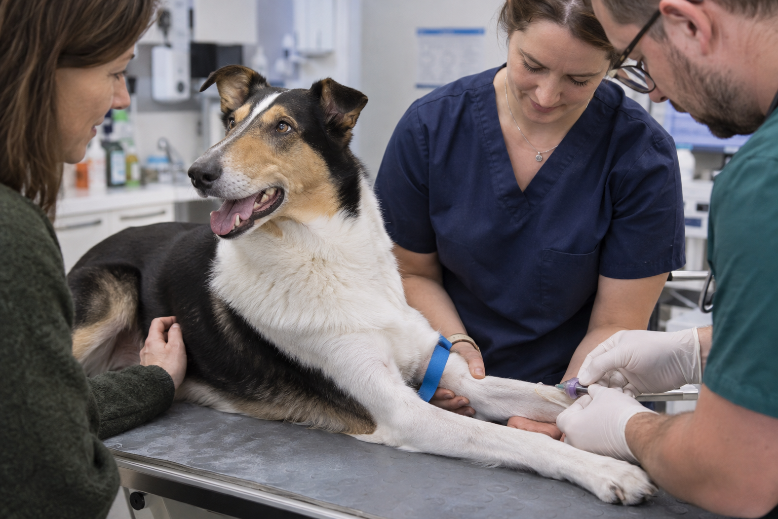 Veterinárny tím odoberá psovi krv na diagnostické vyšetrenie